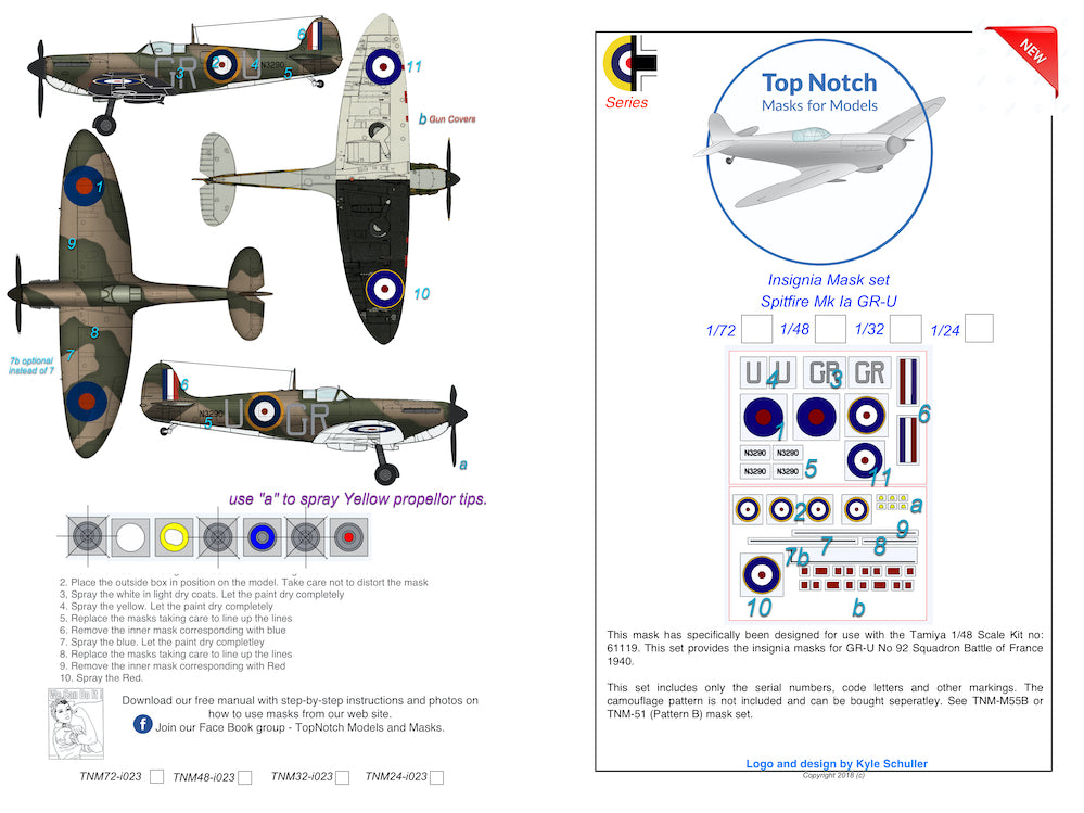 TopNotch TNM48-I023 1:48 Supermarine Spitfire Mk.1a GR-U mask insignia packs