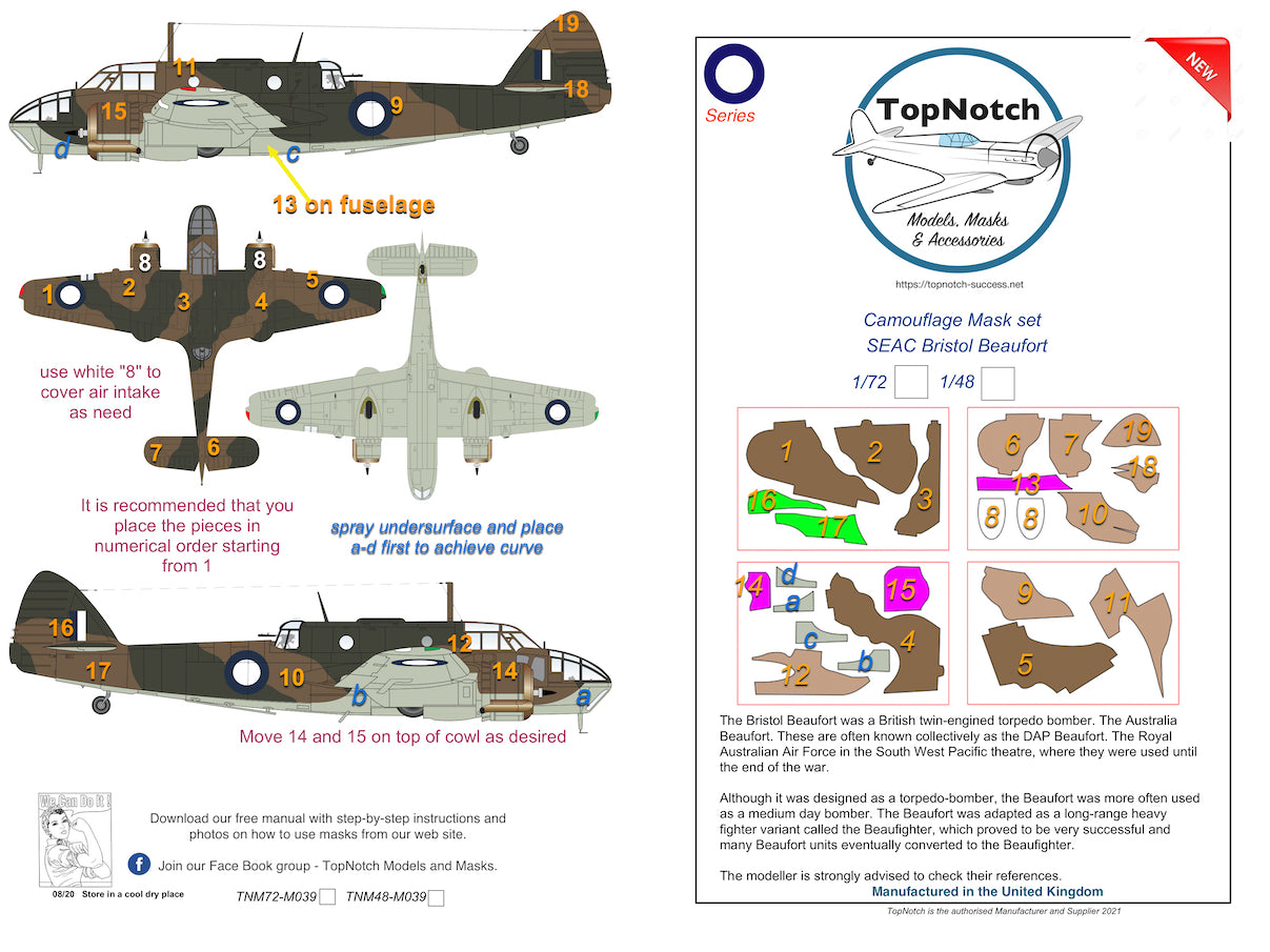 TopNotch TNM72-M039 1:72 SEAC Bristol Beaufort Mk.I camouflage masks
