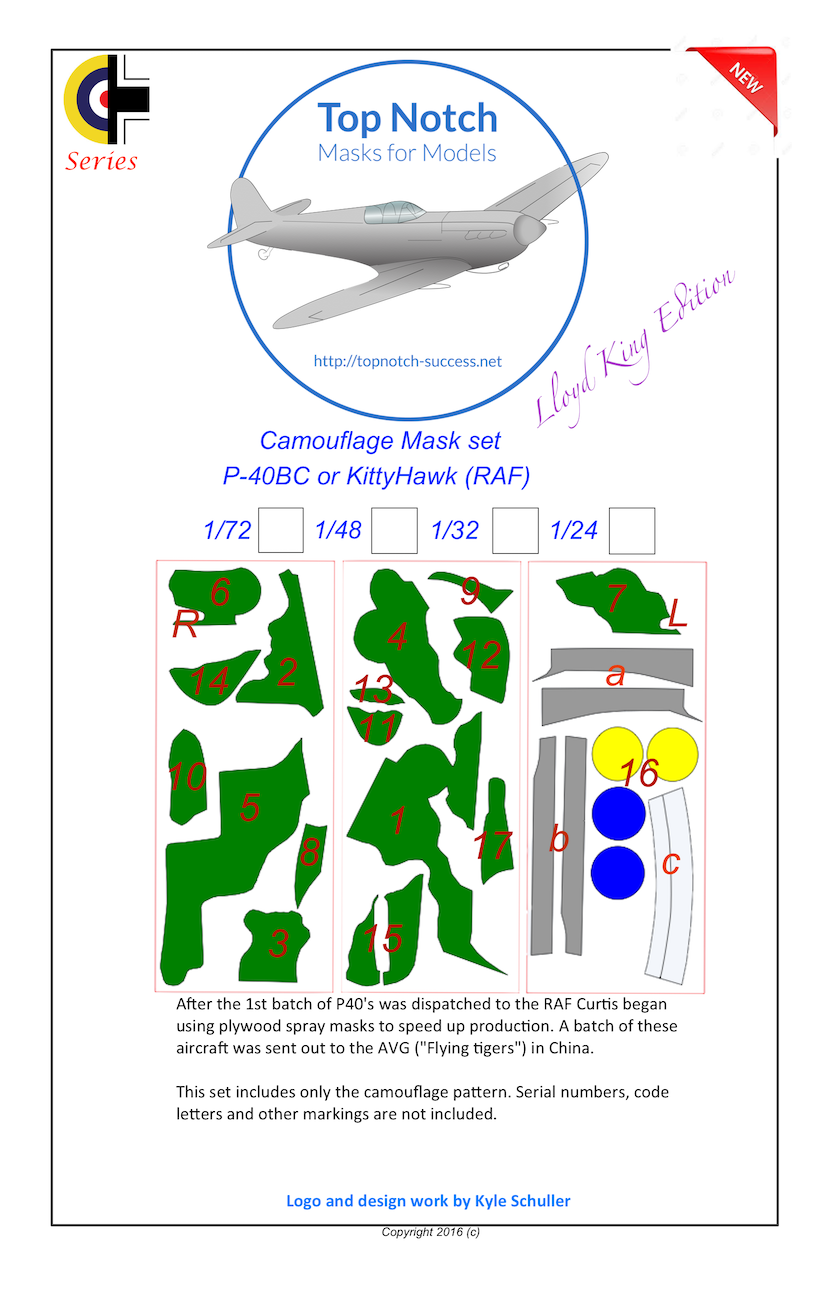 TopNotch TNM72-M040 1:72 Curtiss P-40B/P-40C Kittyhawk camouflage masks