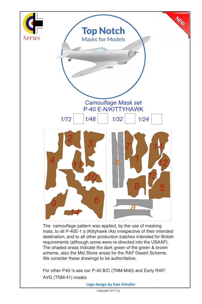 TopNotch TNM72-M042 1:72 Curtiss P-40E'P-40N camouflage pattern paint masks