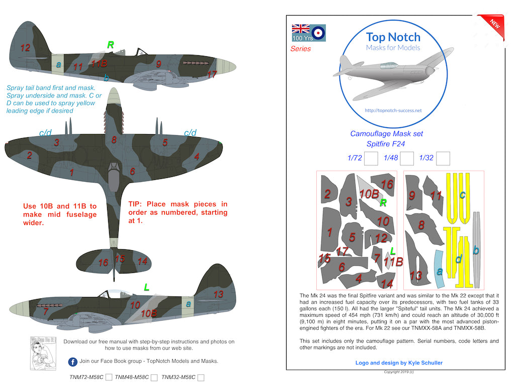 TopNotch TNM72-M064 1:72 Supermarine Spitfire Mk.24 camouflage masks