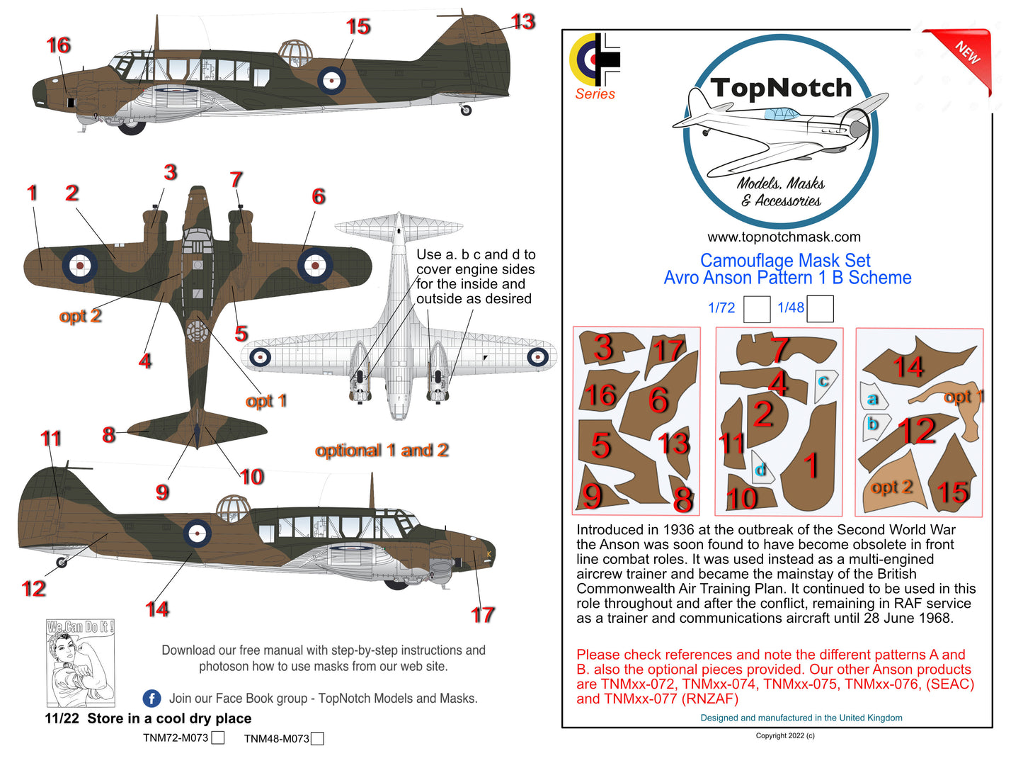 TopNotch TNM72-M073 Avro Anson Mk.I Pattern B Scheme 1 Masks 1:72