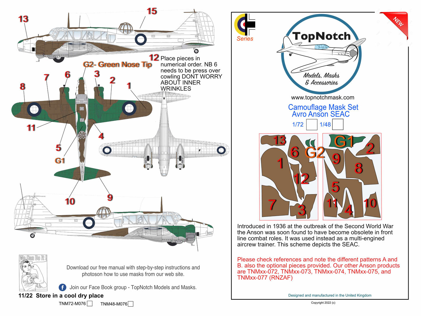 TopNotch TNM72-M076 1:72 Avro Anson Mk.I SEAC camouflage pattern paint masks
