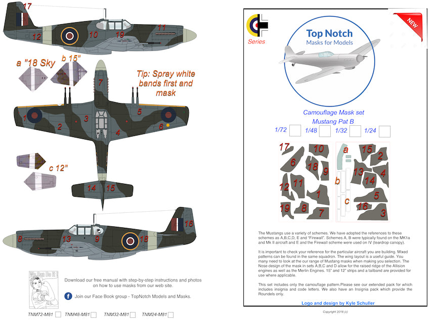 TopNotch TNM72-M081 P-51B/A-36 Mustang Pattern B Paint Masks 1:72