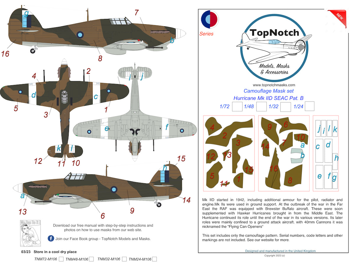 TopNotch TNM72-M106 SEAC Hawker Hurricane Mk.IID Pattern B Masks 1:72