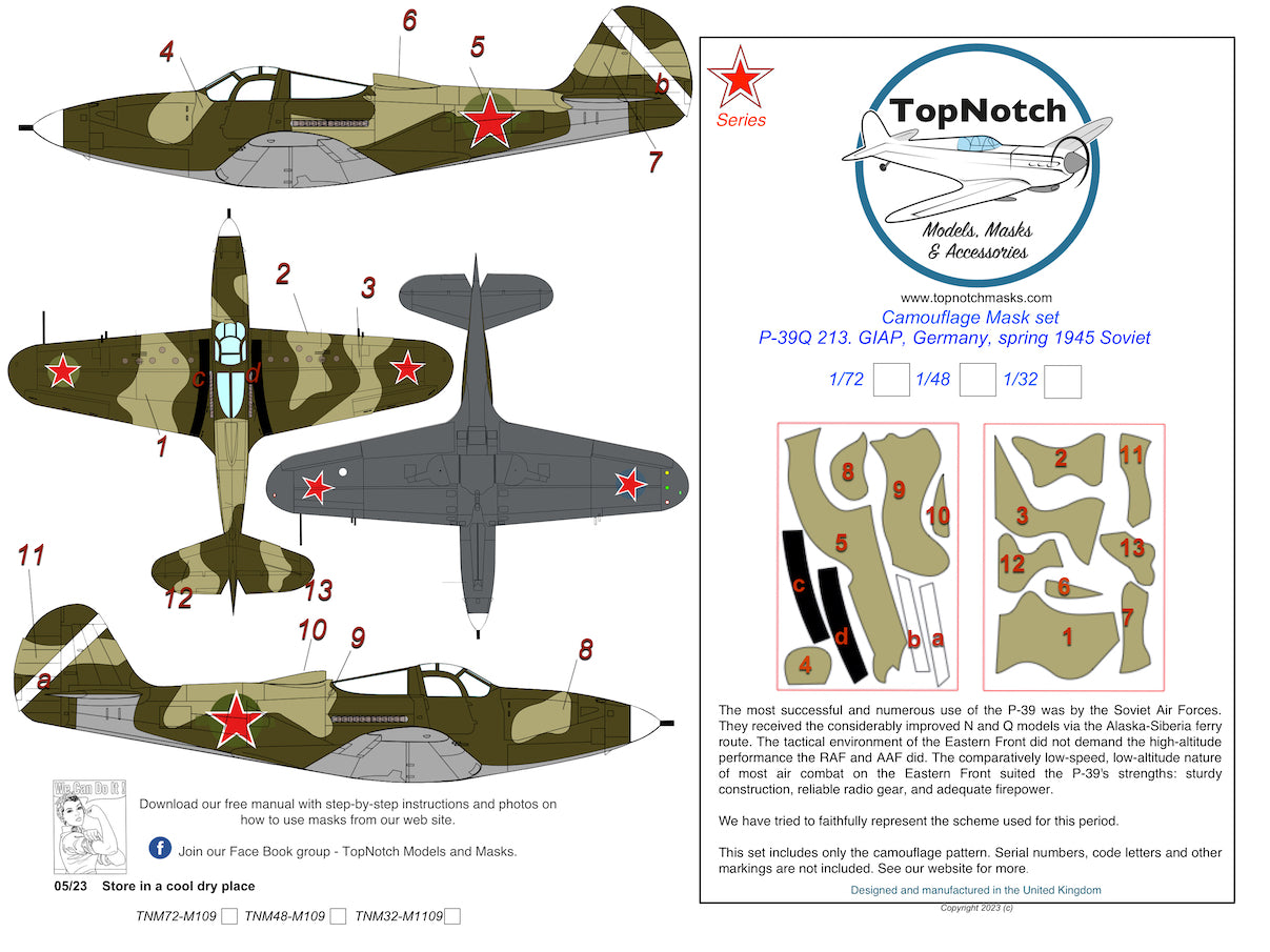 TopNotch TNM72-M109 P-39Q Airacobra Soviet AF Paint Masks 1:72