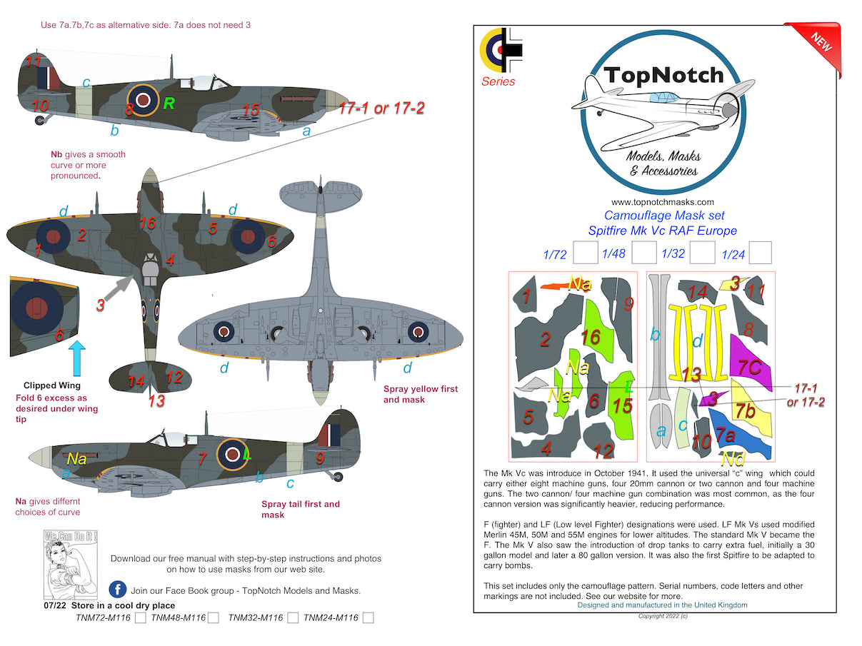 TopNotch TNM72-M116 Supermarine Spitfire Mk.Vc Europe Masks 1:72
