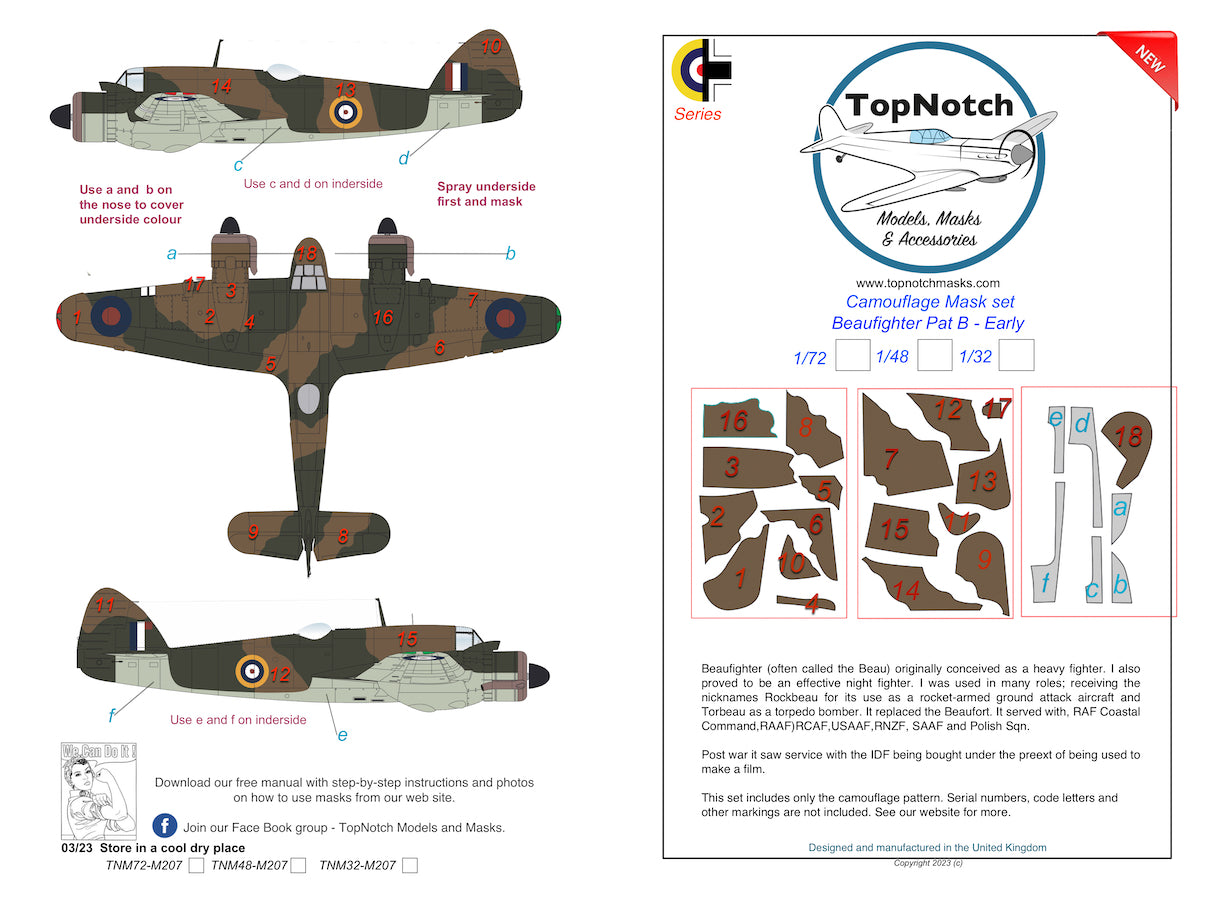 TopNotch TNM72-M207 Bristol Beaufighter Pattern B Early Masks 1:72
