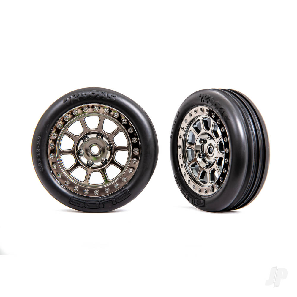 Traxxas Tyres & wheels, assembled (2.2" black chrome wheels, Alias ribbed 2.2" Tyres) (2) (Bandit front, medium compound w/ foam inserts) 2471T