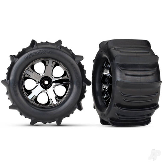 Traxxas Tyres & wheels, assembled, glued (2.8") (All-Star black chrome wheels, paddle Tyres, foam inserts) (nitro rear / 4WD electric front / rear) (2) (TSM rated) 4175