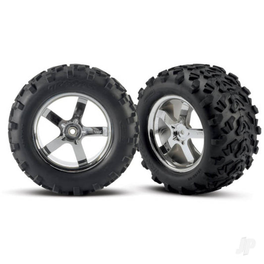 Traxxas Tyres & wheels, assembled, glued (Hurricane chrome wheels, Maxx Tyres (6.3" outer diameter), foam inserts) (2) (fits Revo / T-Maxx / E-Maxx with 6mm axle and 14mm hex) 4973R