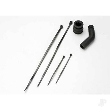 Traxxas Pipe coupler, moulded (black) / exhaust deflecter (rubber, black) / cable ties, Long (2 pcs) / cable ties, Short (2 pcs) 5245X