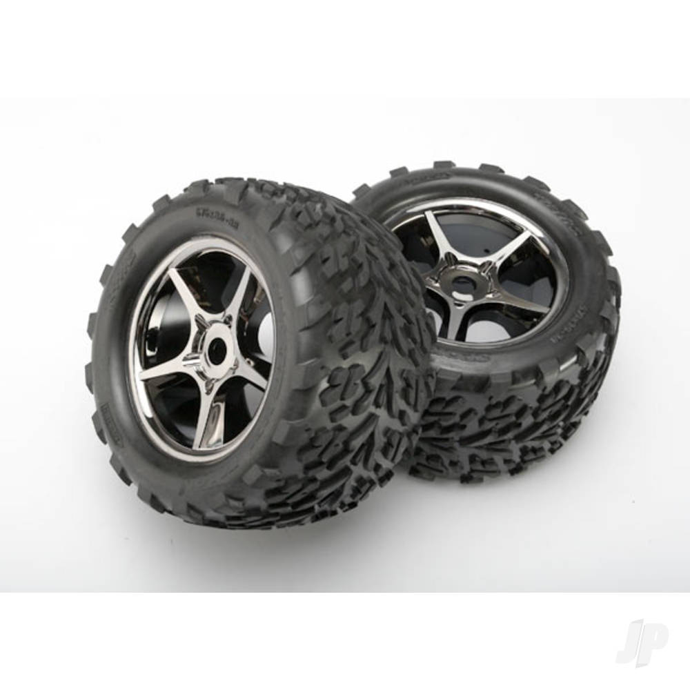 Traxxas Tyres & wheels, assembled, glued (Gemini black chrome wheels, Talon Tyres, foam inserts) (2) (use with 17mm splined wheel hubs & nuts, part #5353X) (TSM rated) 5374X
