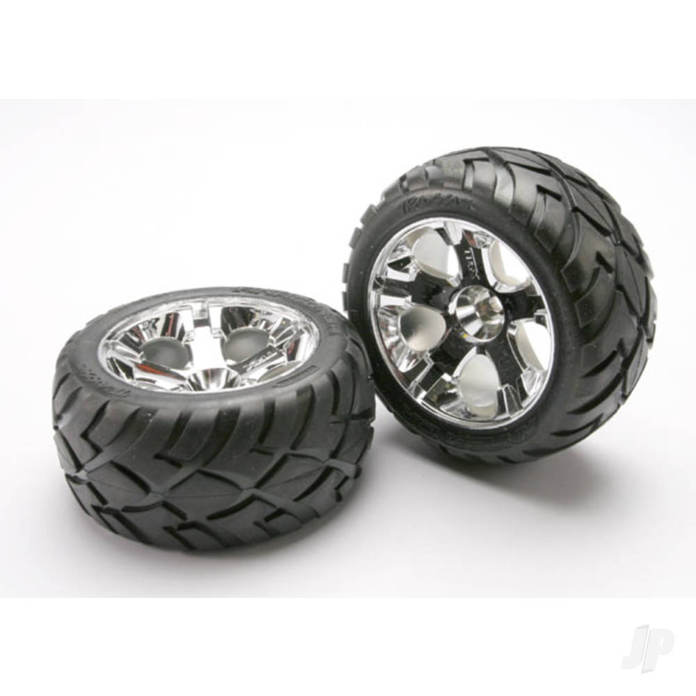 Traxxas Tyres & wheels, assembled, glued (All-Star chrome wheels, Anaconda Tyres, foam inserts) (nitro front) (1 left, 1 right) 5577R