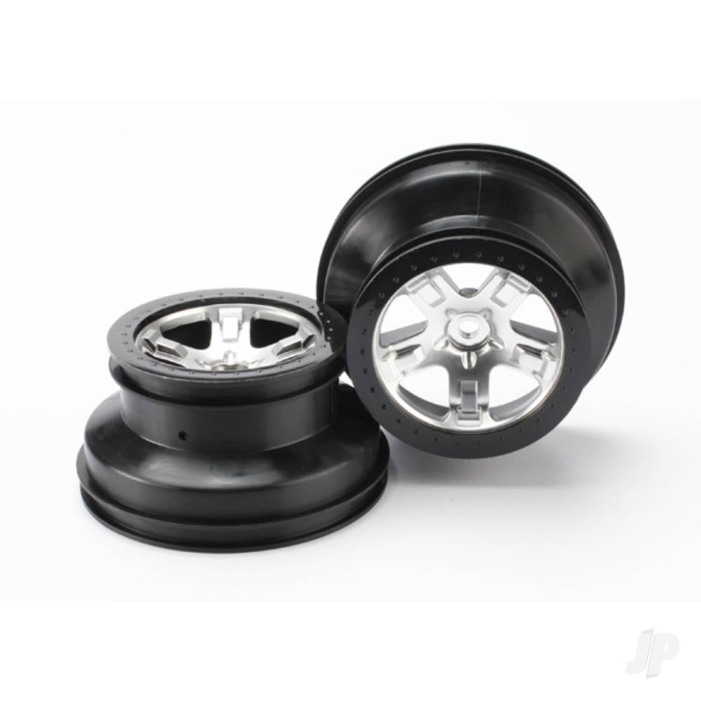 Traxxas Wheels, SCT satin chrome, black beadlock style SCT, dual profile (2.2" outer, 3.0in inner) (4WD front / rear, 2WD rear only) (2) 5872X