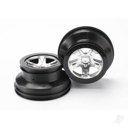 Traxxas Wheels, SCT satin chrome, black beadlock style SCT, dual profile (2.2" outer, 3.0in inner) (4WD front / rear, 2WD rear only) (2) 5872X