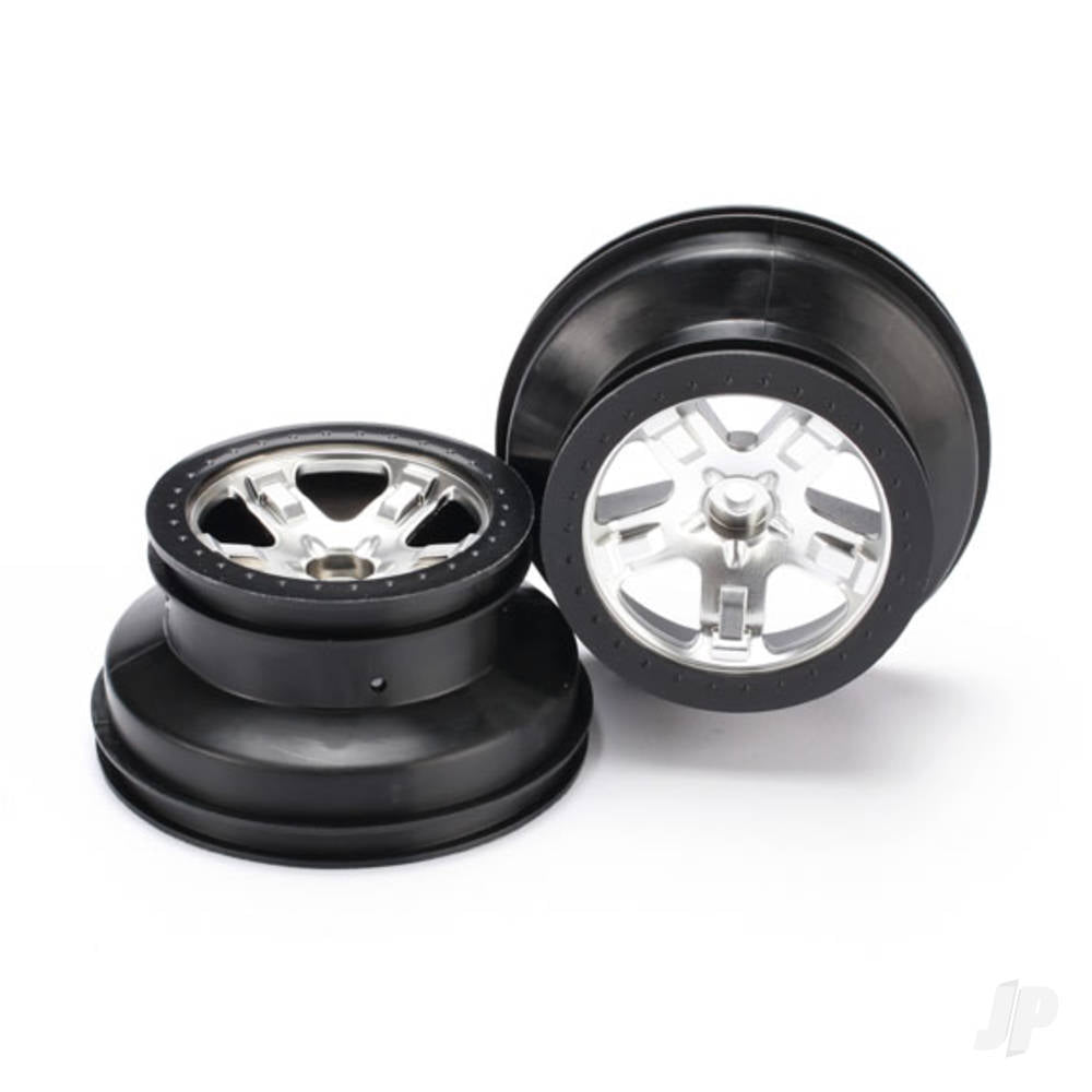 Traxxas Wheels, SCT satin chrome, black beadlock style, dual profile (2.2" outer, 3.0in inner) (2WD front) (2) 5874X