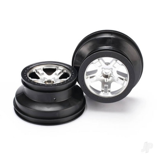 Traxxas Wheels, SCT satin chrome, black beadlock style, dual profile (2.2" outer, 3.0in inner) (2WD front) (2) 5874X