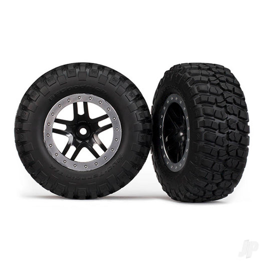 Traxxas Tyres & wheels, assembled, glued (SCT Split-Spoke, black, satin chrome beadlock wheels, BFGoodrich Mud-Terrain T / A KM2 Tyres, foam inserts) (2) (2WD Front) 5885