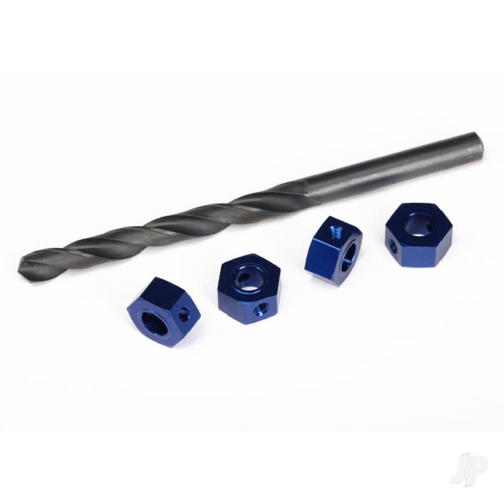 Traxxas Wheel adaptors, 12mm hex, 6061-T6 aluminium (Blue-anodised) (4 pcs) / screw pins (4 pcs) / drill bit, 0.25in (for 6mm shafts) (requires #6451 (x2), #6452 (x2), #6439, #6455, #5117 (x3)) 6869