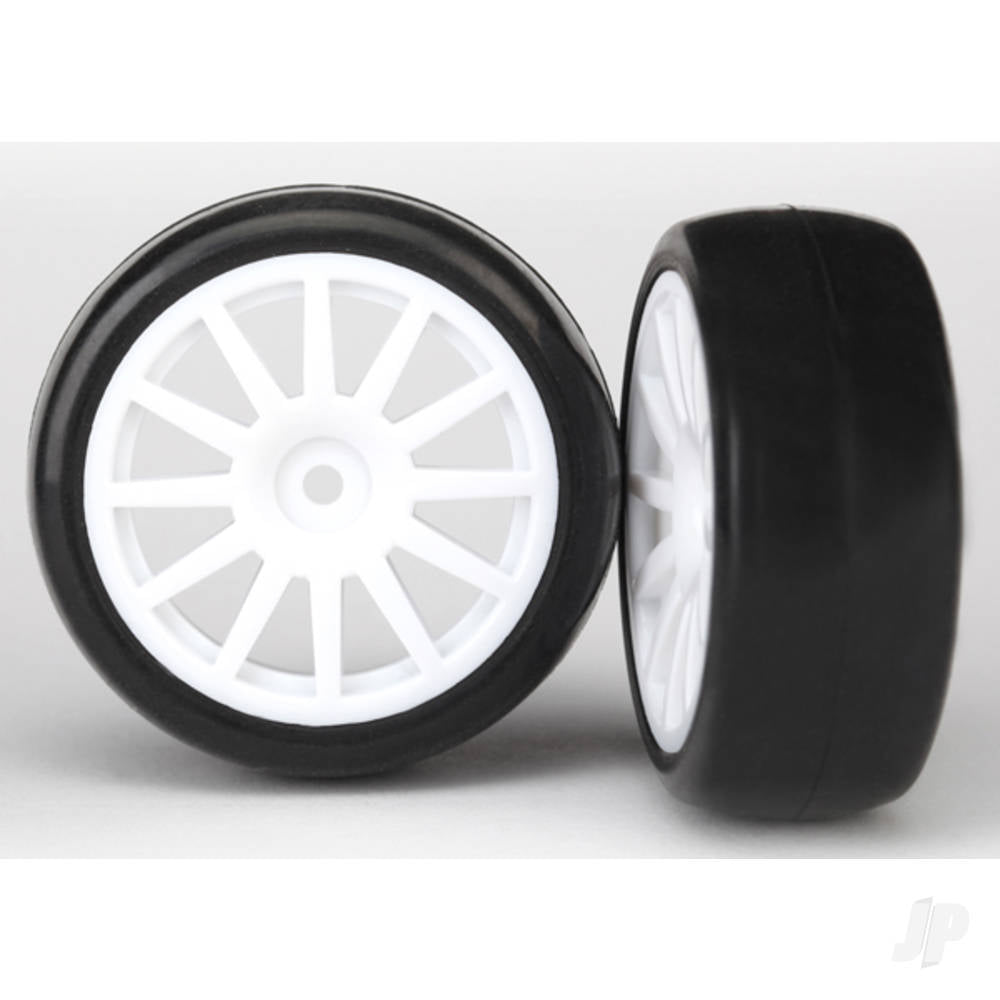 Traxxas Tyres & wheels, assembled, glued (12-spoke white wheels, slick Tyres) (2) 7572
