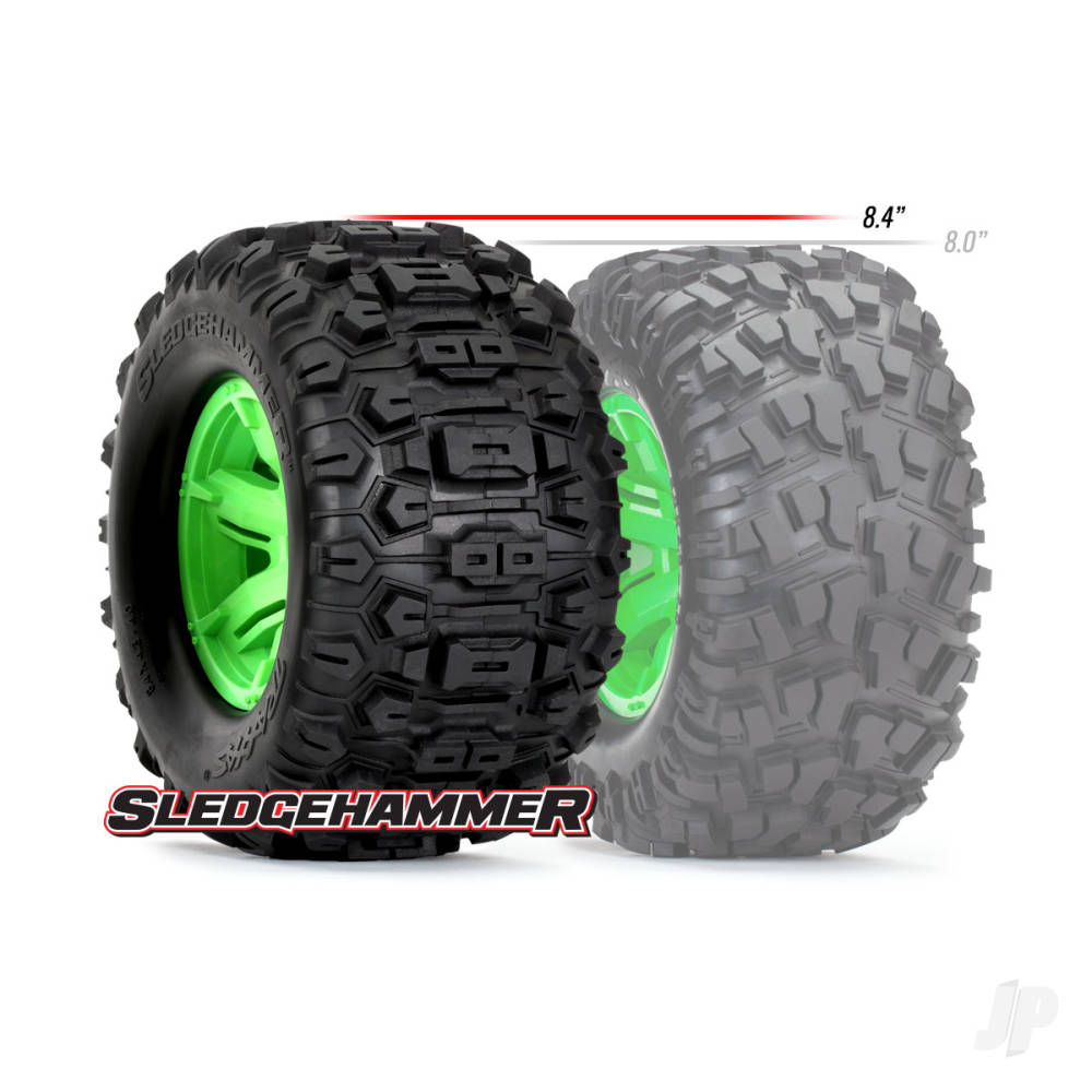 Traxxas Tyres & wheels, assembled, glued (X-Maxx green wheels, Sledgehammer tires, foam inserts) (left & right) (2) 7774G