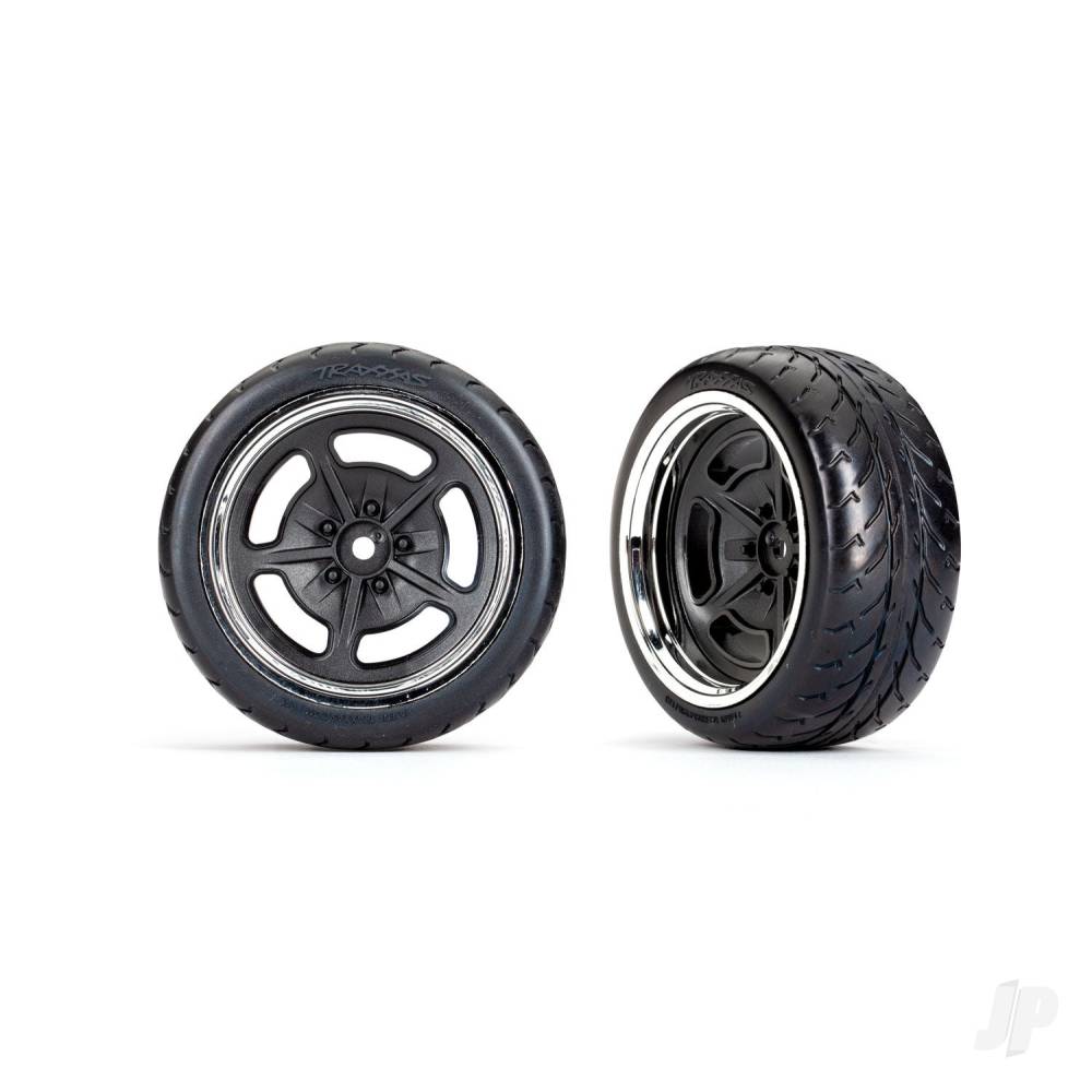 Traxxas Tyres and wheels, assembled, glued (black with chrome wheels, 1.9" Response Tyres) (extra wide, rear) (2) 9373
