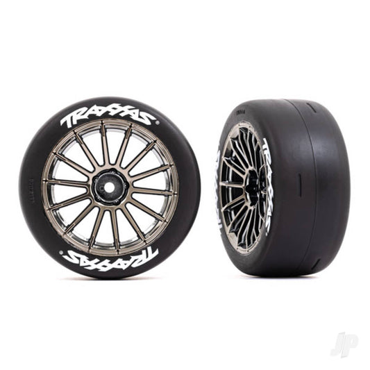 Traxxas Tyres and wheels, assembled, glued (multi-spoke black chrome wheels, 2.0" slick Tyres with Traxxas logo, foam inserts) (rear) (2) (VXL rated) 9375R