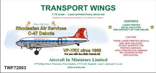 AIM - Transport Wings TWF72003 1:72 Rhodesian Air Services Dakota
