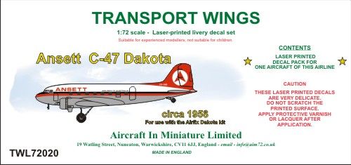 AIM - Transport Wings TWL72020 1:72 Ansett C-47A Dakota