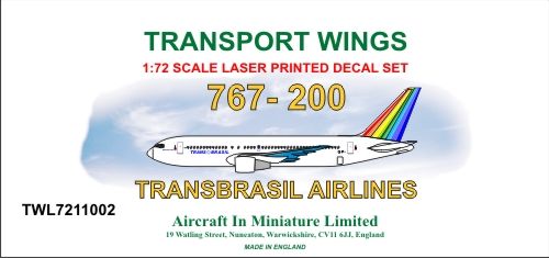 AIM - Transport Wings TWL7211002 1:72 767-200 decal set Trans Brasil Airlines.
