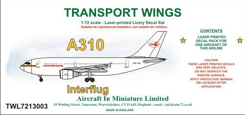 AIM - Transport Wings TWL7213003 1:72 Airbus A310 decal set Interflug.
