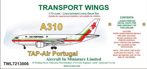 AIM - Transport Wings TWL7213006 1:72 Airbus A310 decal set TAP Air Portugal.