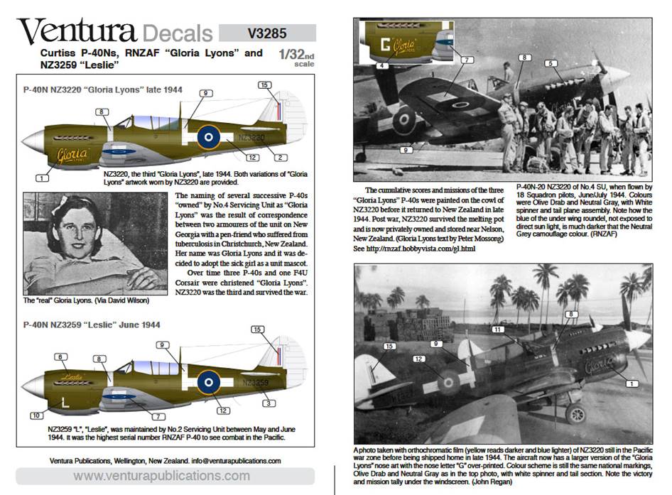 Ventura VA3285 RNZAF Curtiss P-40N Warhawk Decals 1:32