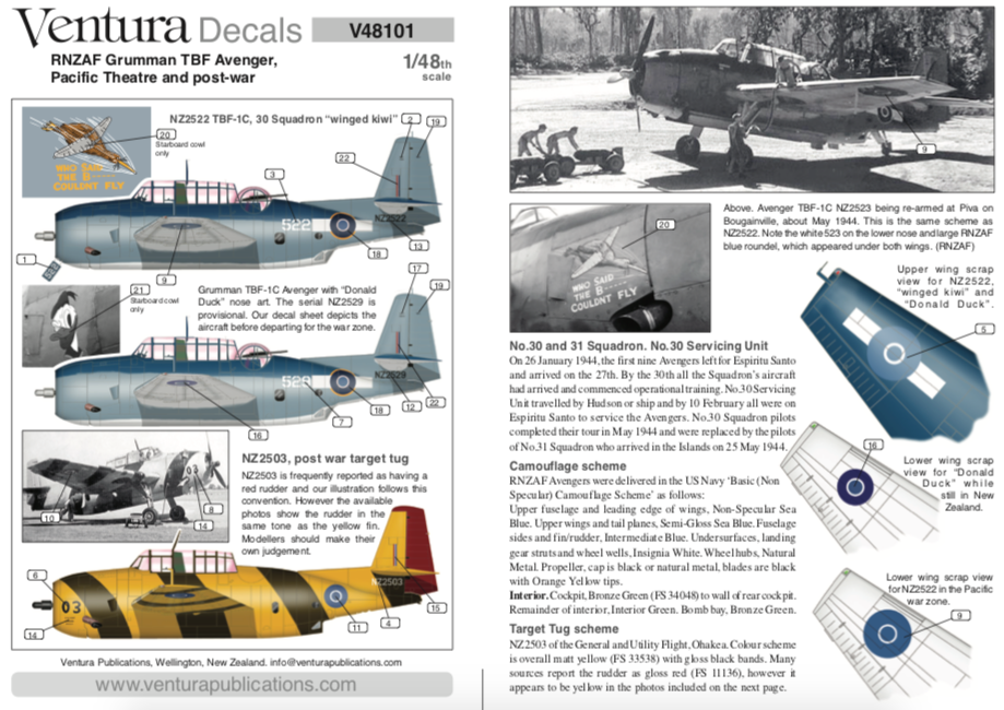 Ventura VA48101 RNZAF Grumman Avengers Decal Set 1:48