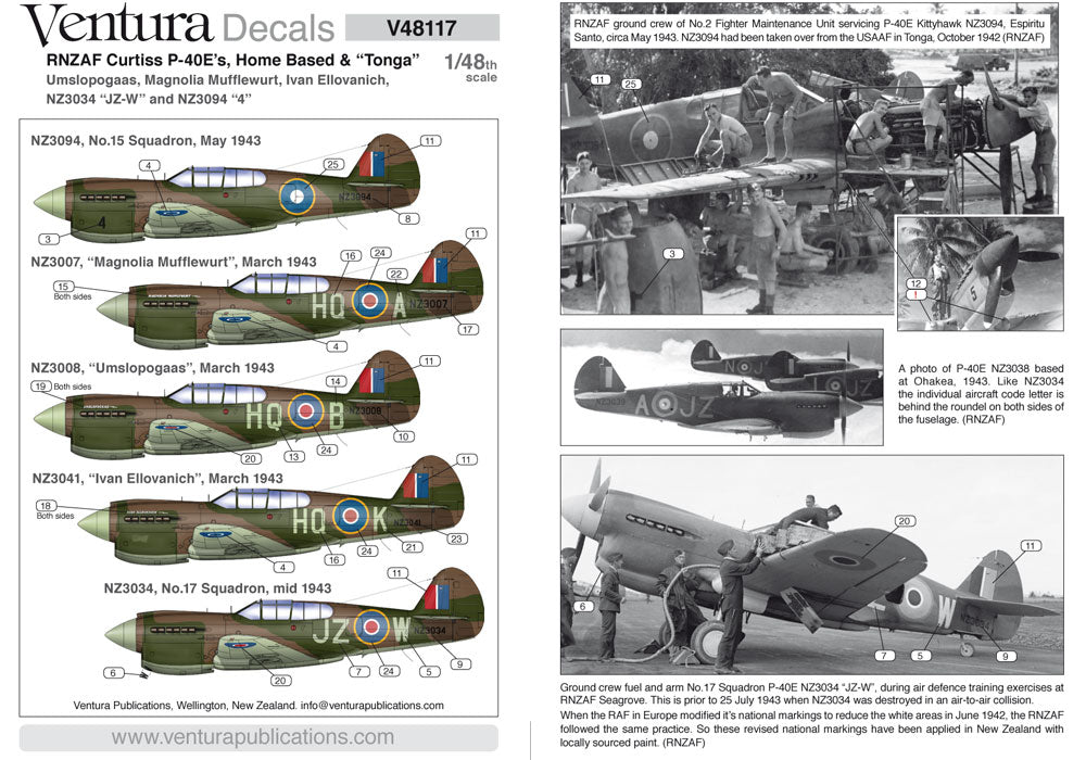 Ventura VA48117 RNZAF Curtiss P-40E Multi-Option Decals 1:48