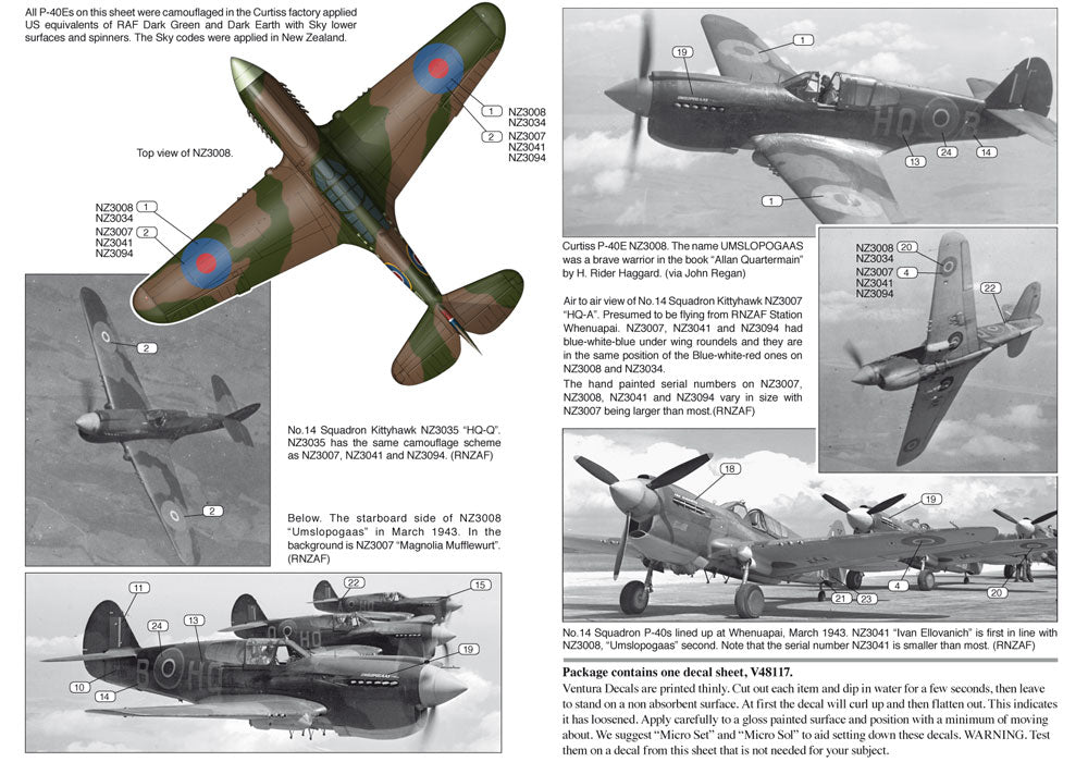 Ventura VA48117 RNZAF Curtiss P-40E Multi-Option Decals 1:48