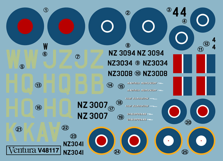 Ventura VA48117 RNZAF Curtiss P-40E Multi-Option Decals 1:48