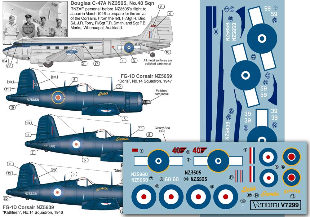 Ventura VA72099 RNZAF Vought FG-1D & Douglas C-47A Decals 1:72