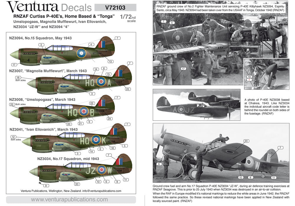 Ventura VA72103 RNZAF Curtiss P-40E Multi-Option Decals 1:72