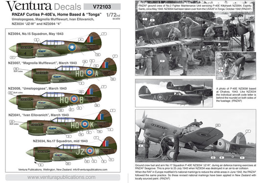 Ventura VA72103 RNZAF Curtiss P-40E Multi-Option Decals 1:72