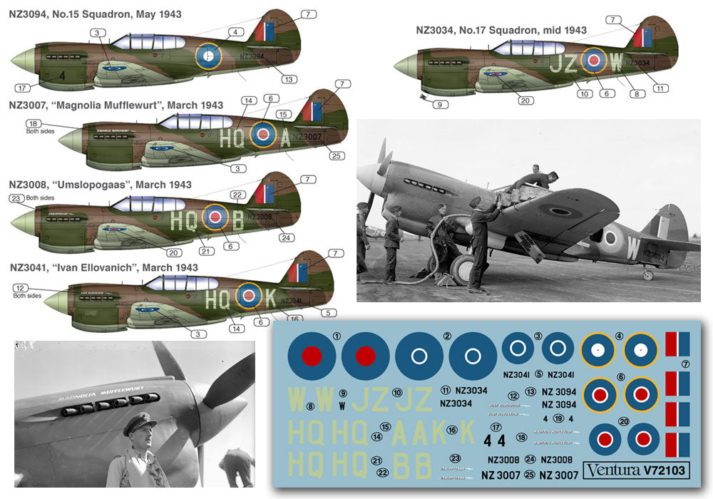 Ventura VA72103 RNZAF Curtiss P-40E Multi-Option Decals 1:72