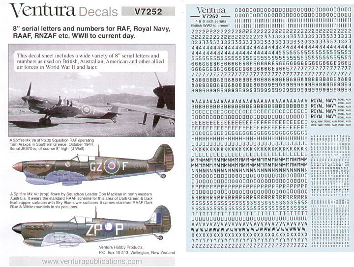 Ventura VA7252 1:72 RAF 8 and 4 inch BLACK serial numbers and letters