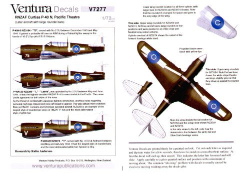 Ventura VA7277 1:72 RNZAF Curtiss P-40N, Pacific Theatre