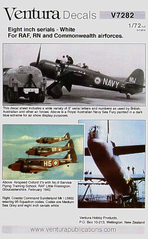 Ventura VA7282 RAF/Australia 4in & 8in Serial Decals White 1:72