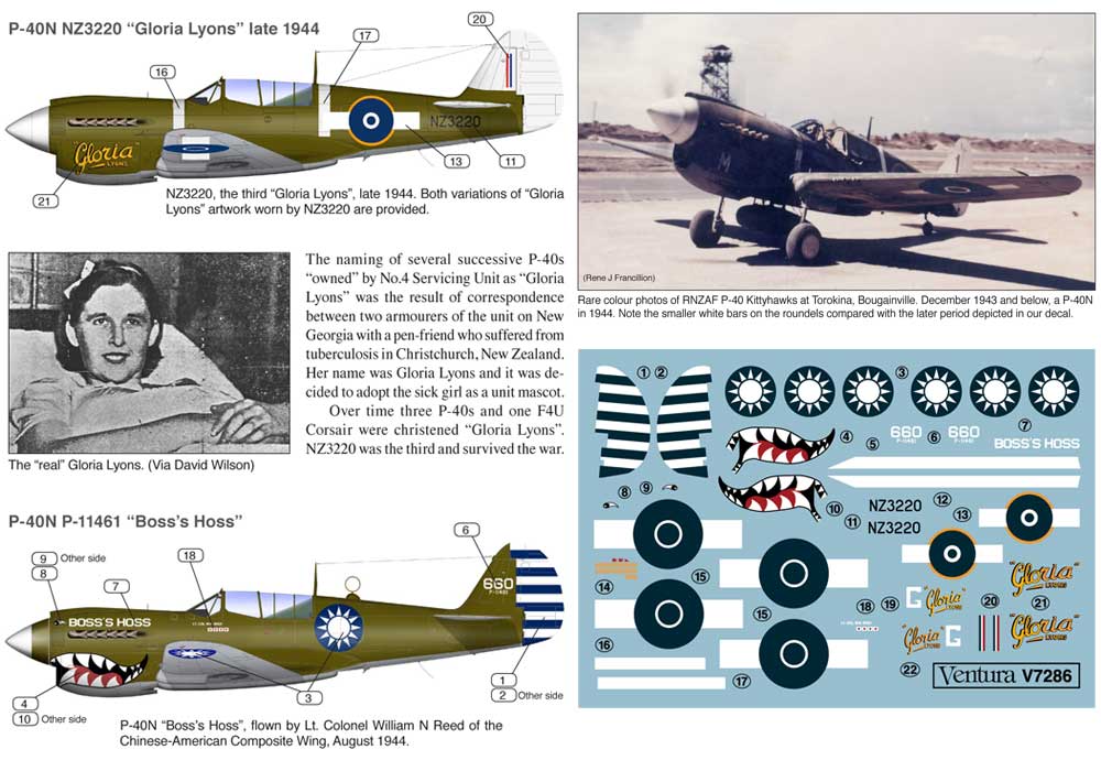 Ventura VA7286 Curtiss P-40N RNZAF & AVG Decals 1:72