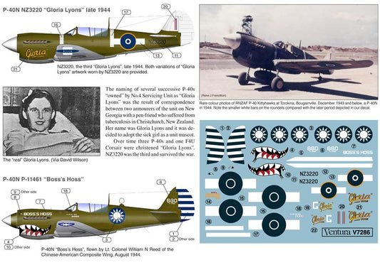 Ventura VA7286 Curtiss P-40N RNZAF & AVG Decals 1:72