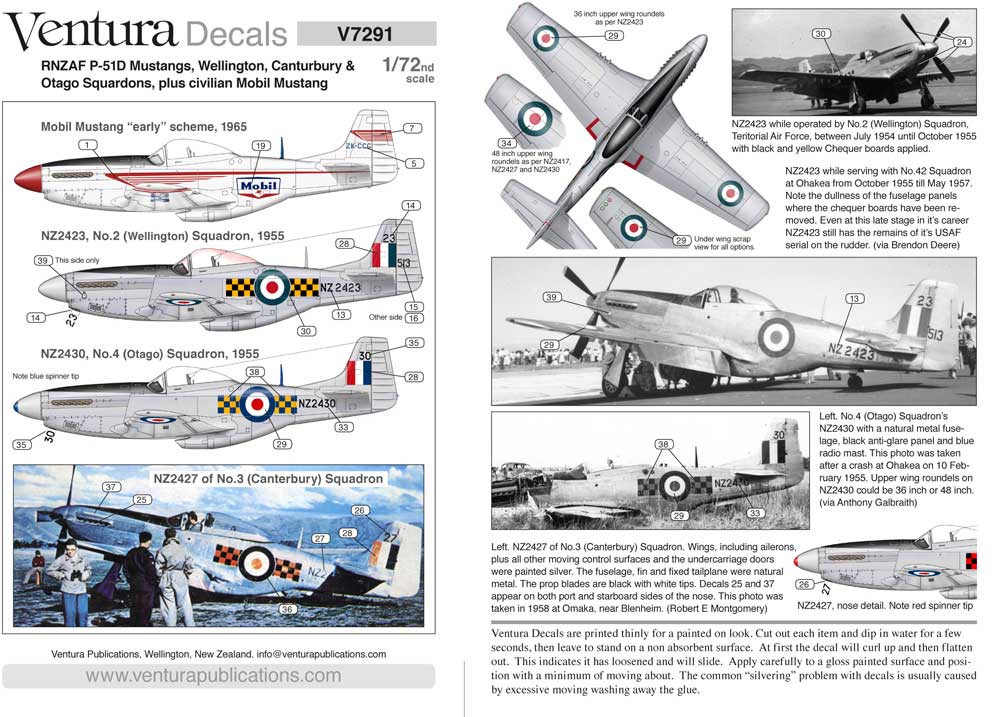 Ventura VA7291 RNZAF P-51D Mustang Mobil & Sqn Decals 1:72