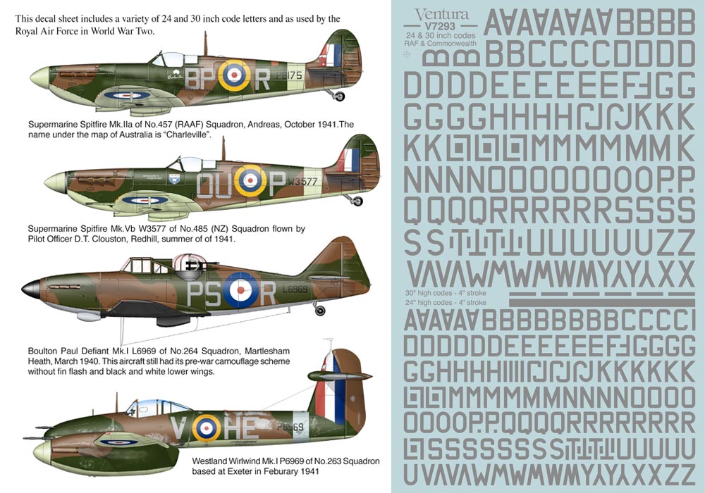 Ventura VA7293 1:72 24 & 30 inch RAF & Commonwealth code letters MEDIUM SEA GREY