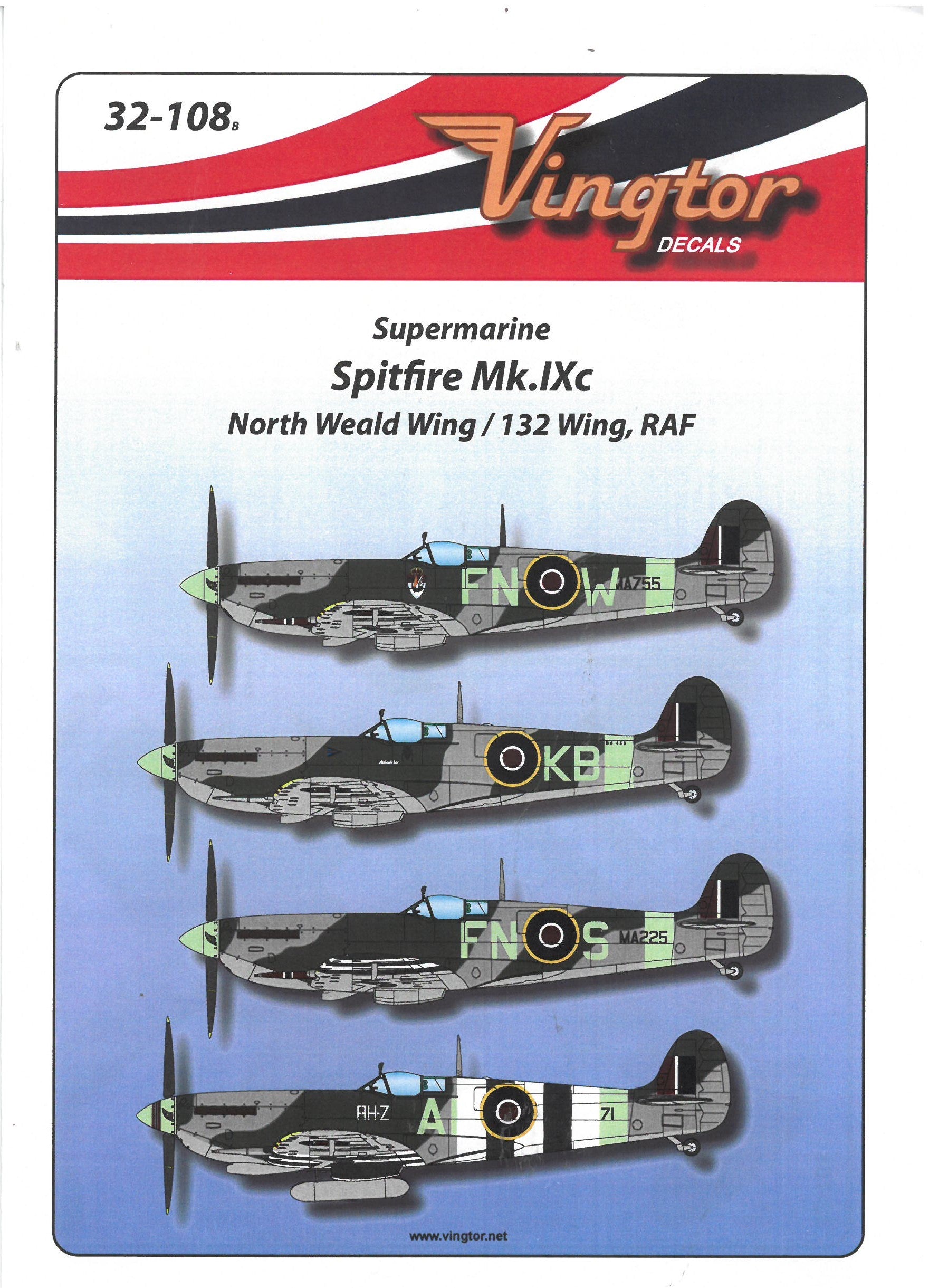 Vingtor Decals VTH32-108 1:32 Spitfire Mk.IXc North Weald 132 Wing